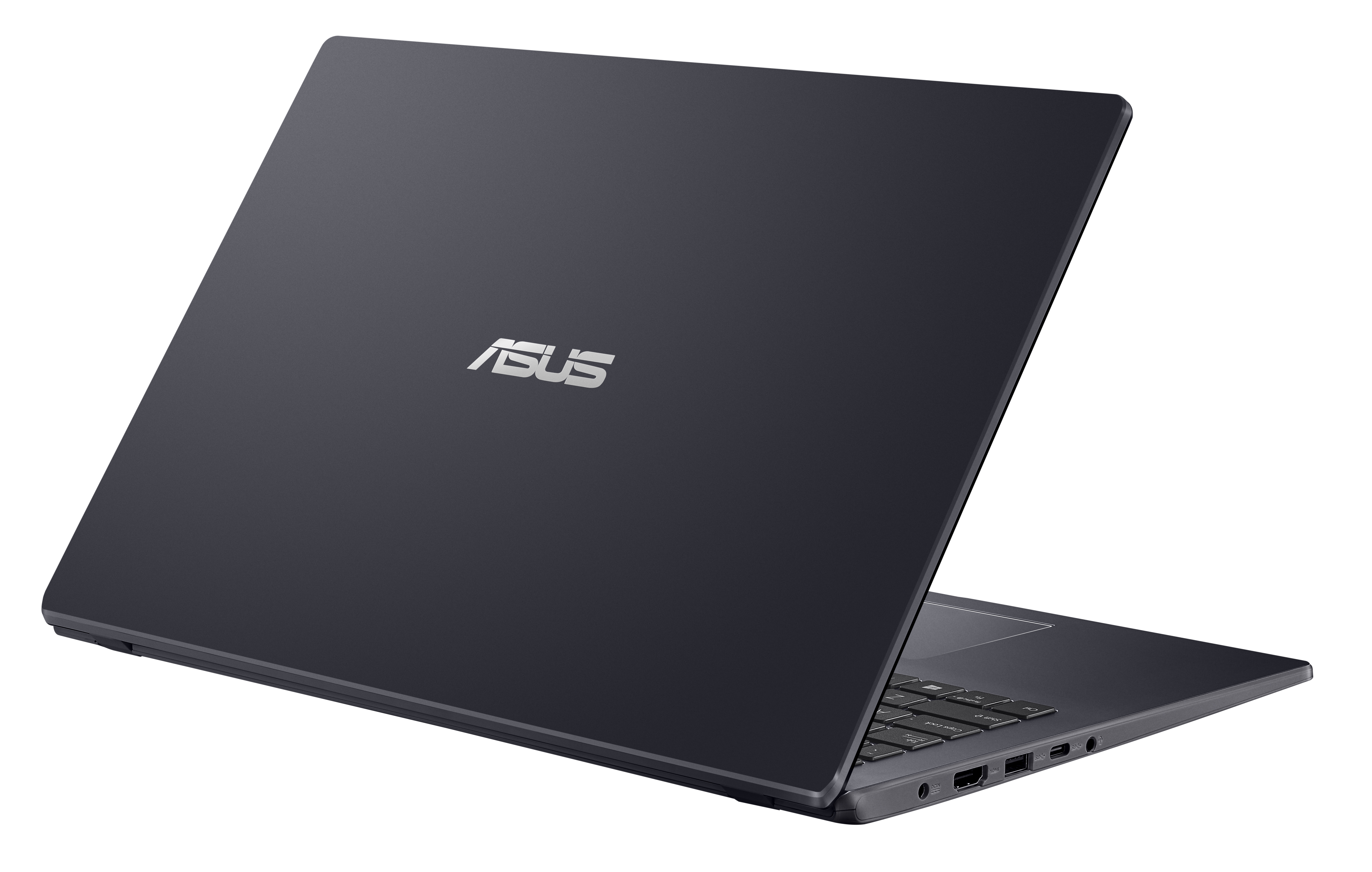 Laptop ASUS grigio scuro chiuso, angolato a sinistra, vista posteriore, sfondo bianco.