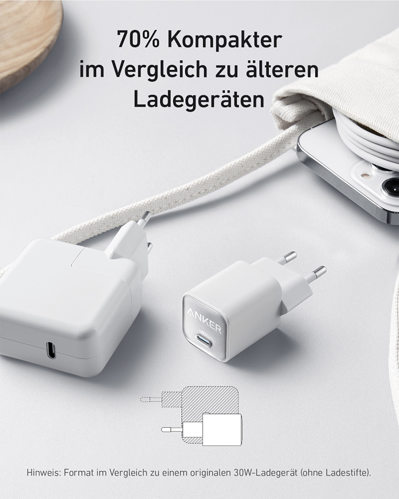 Weißes Ladegerät mit zwei Stiften, neben einem Telefon. Text über Größenvergleich.
