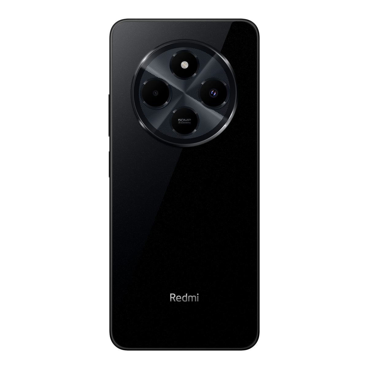 Retro di smartphone nero con modulo fotocamera circolare con tre obiettivi e logo Redmi.