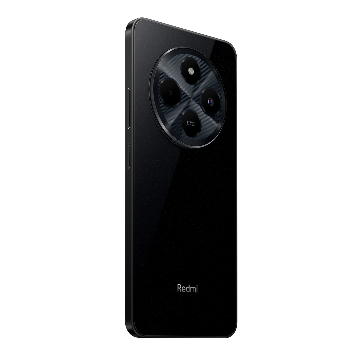 Telefono nero, vista posteriore. Tre lenti della fotocamera. Sfondo nero.