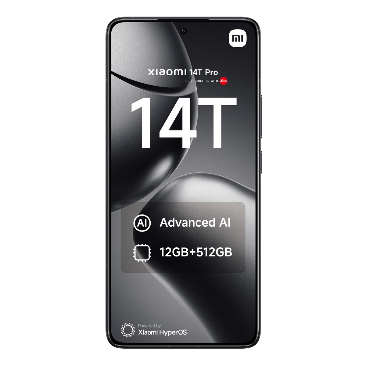 Telefon Xiaomi 14T Pro, czarny, na czarnym tle. Ekran wyświetla informacje. Zaawansowana AI, 12GB+512GB.