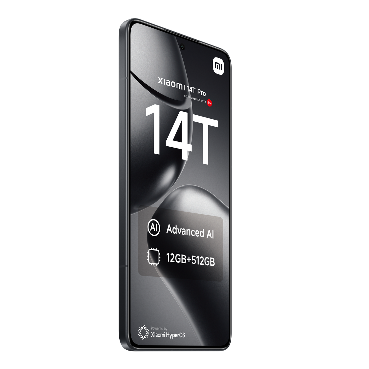 Czarny smartfon, wyświetlający tekst i logo na ekranie.