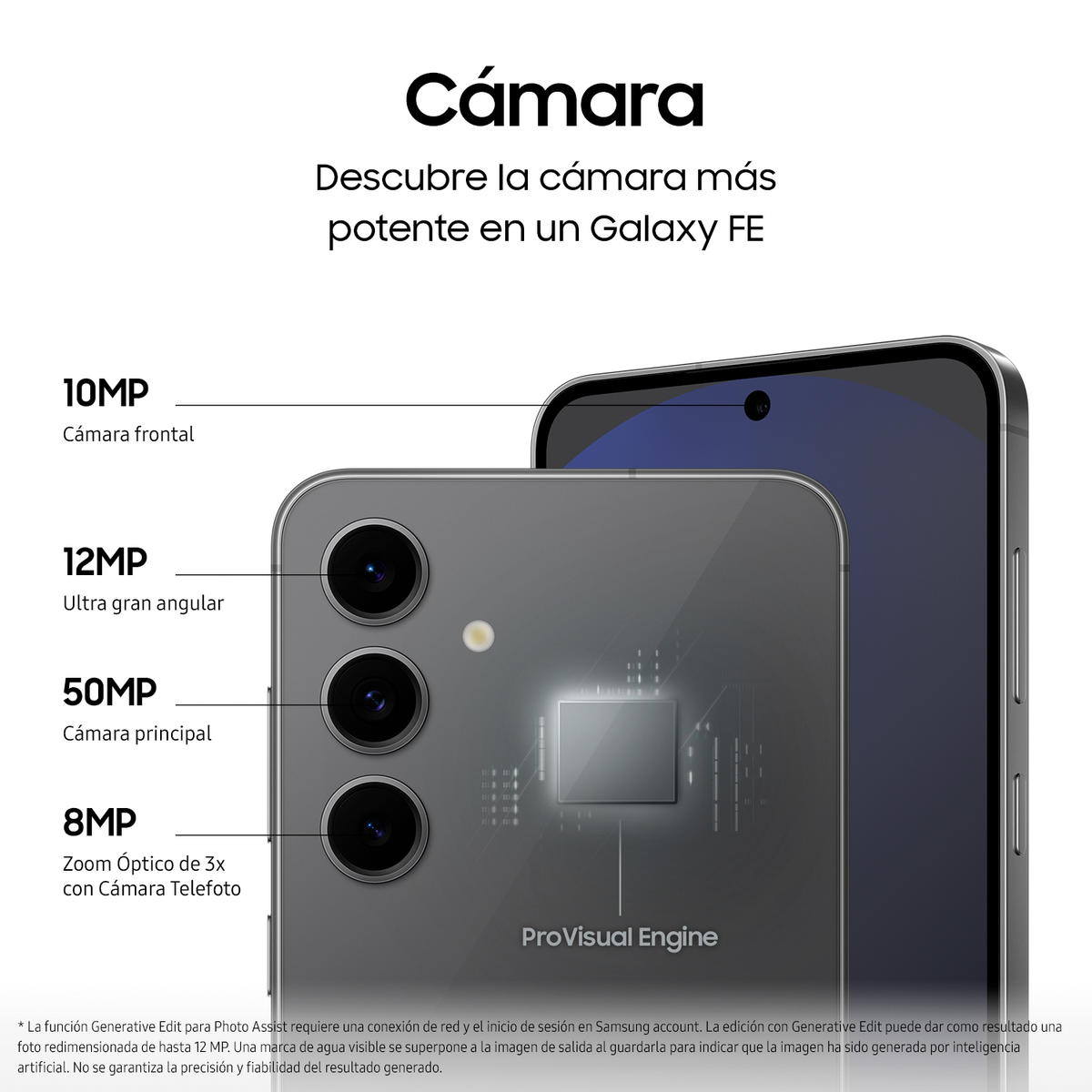 Smartfon z potrójnym aparatem i tekstem opisującym funkcje aparatu. Tło jest jasne.