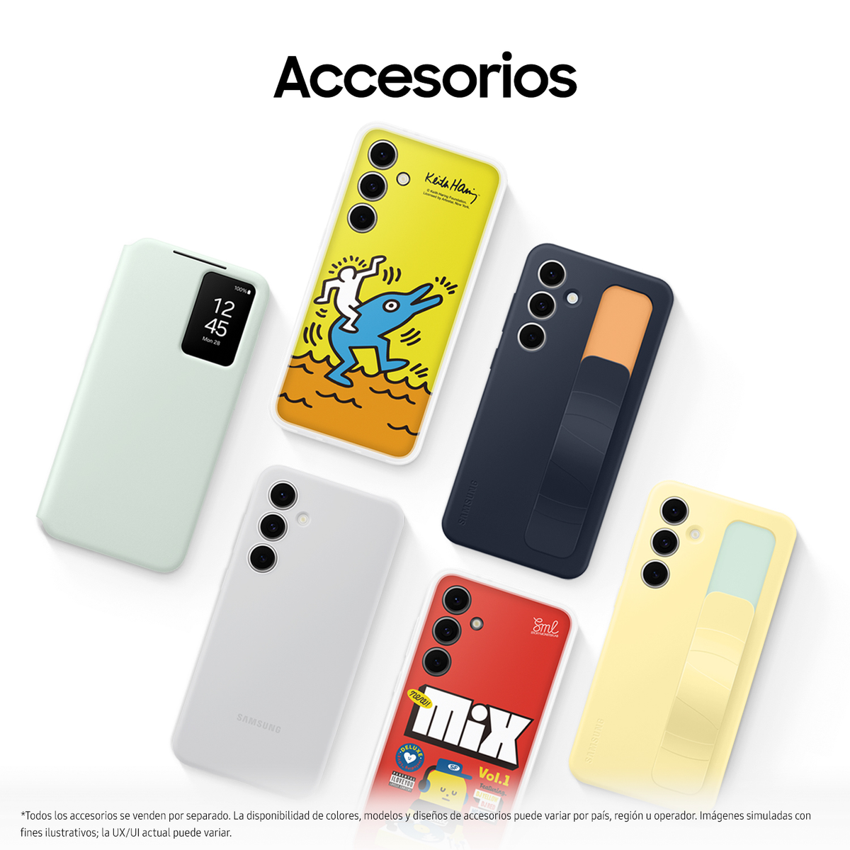 Ekspozycja etui na telefony o różnych wzorach i logo Samsunga.