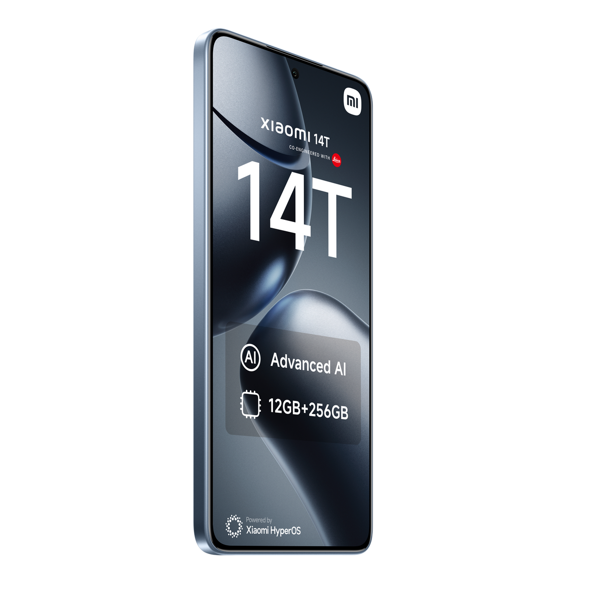 Telefon Xiaomi 14T, niebieska ramka, ekran wyświetlający tekst: 14T, Advanced AI, 12GB+256GB.