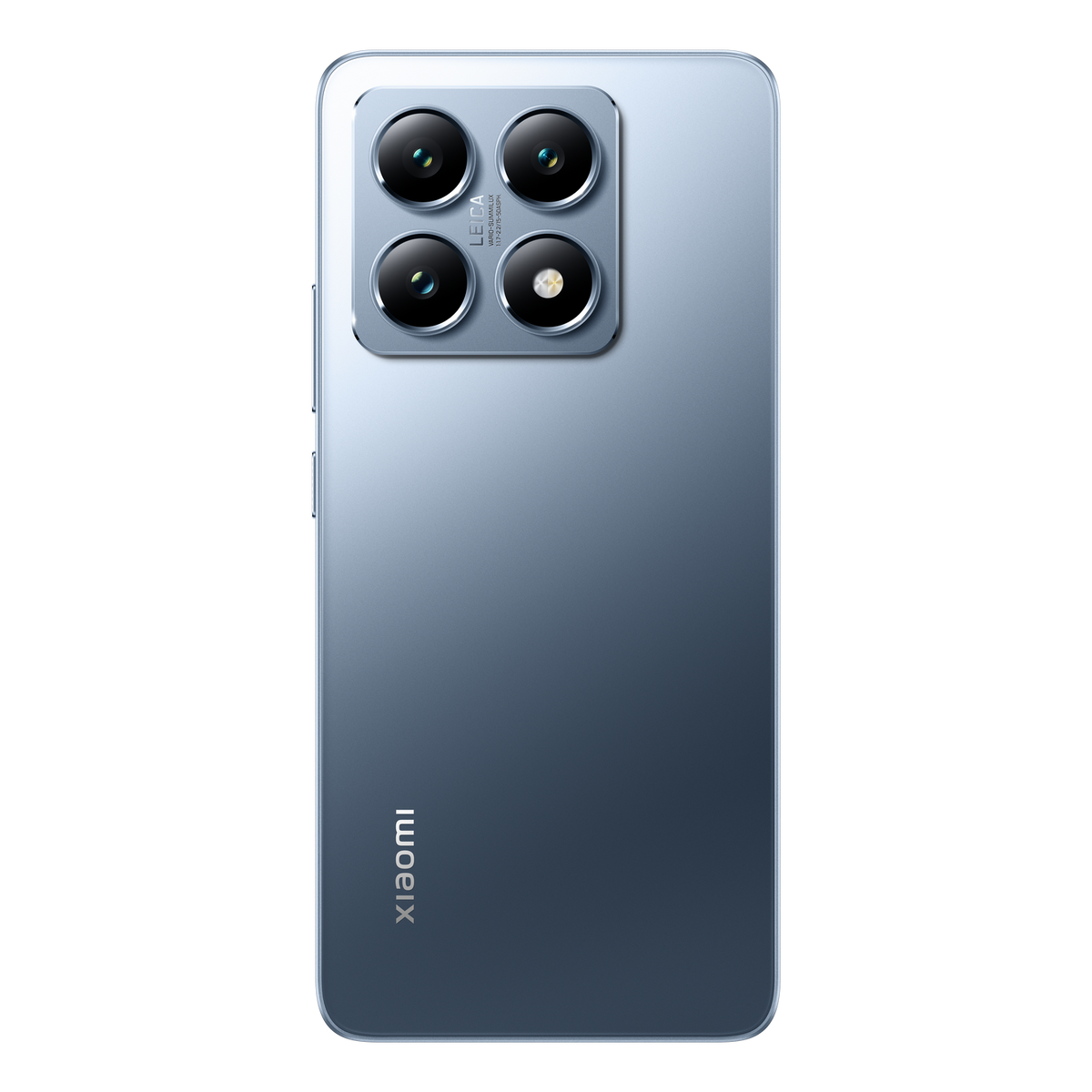Tył niebieskiego telefonu z 4 aparatami i etykietą 'LEICA'. Logo 'Xiaomi' na dole.