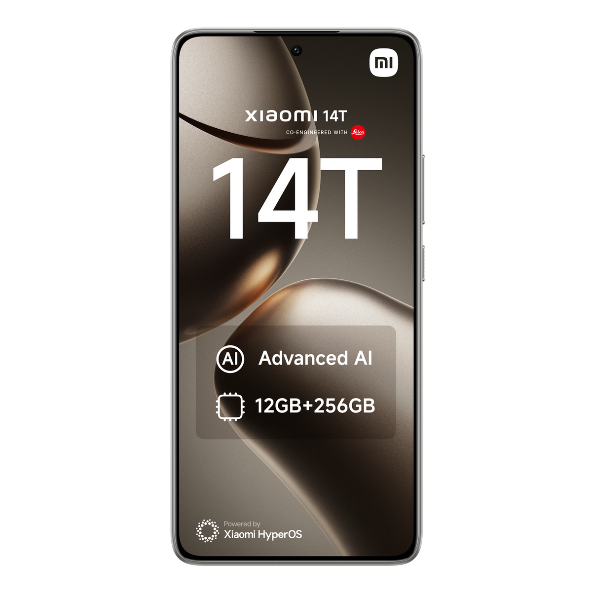 Smartfon z wyświetlonym 'Xiaomi 14T', szczegółami AI i pamięci. Czarne tło, elegancki design.
