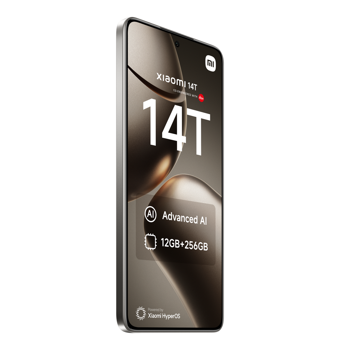 Telefon wyświetla Xiaomi 14T. Telefon jest srebrny i czarny.