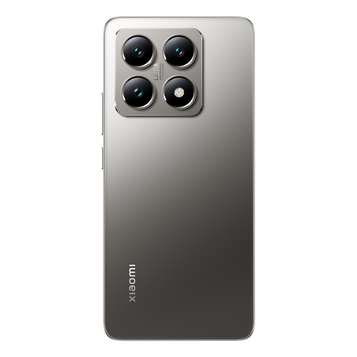 Srebrny telefon z czterema aparatami. Tył telefonu jest srebrny. Marka Xiaomi jest na nim napisana.