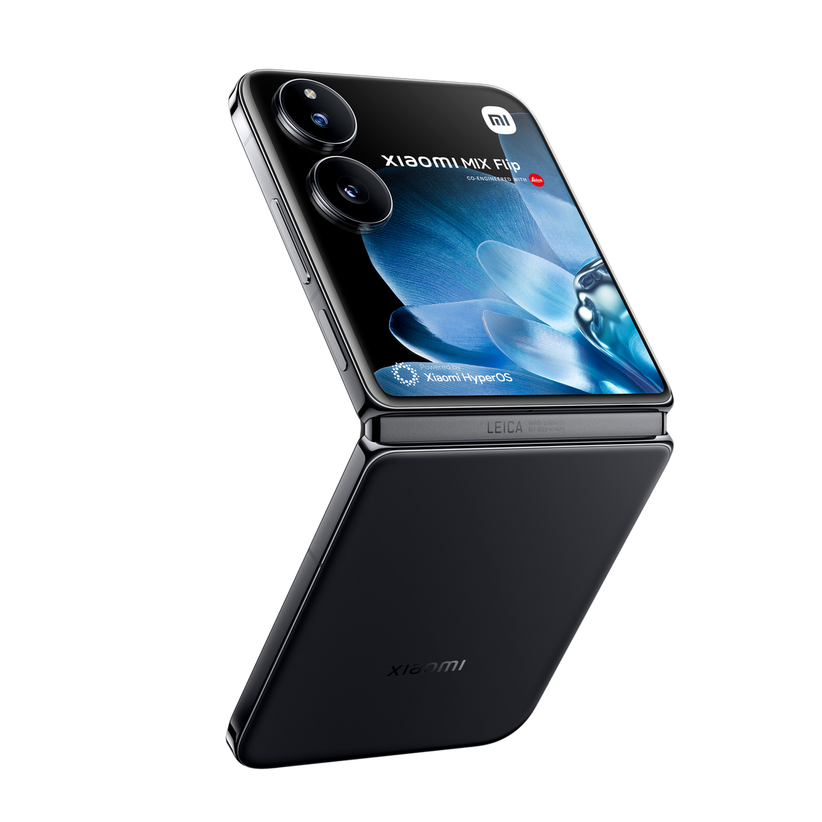 Telefon Xiaomi Mix Flip, czarny. Otwarty, widok pod kątem. Widoczne podwójne kamery. Interfejs.