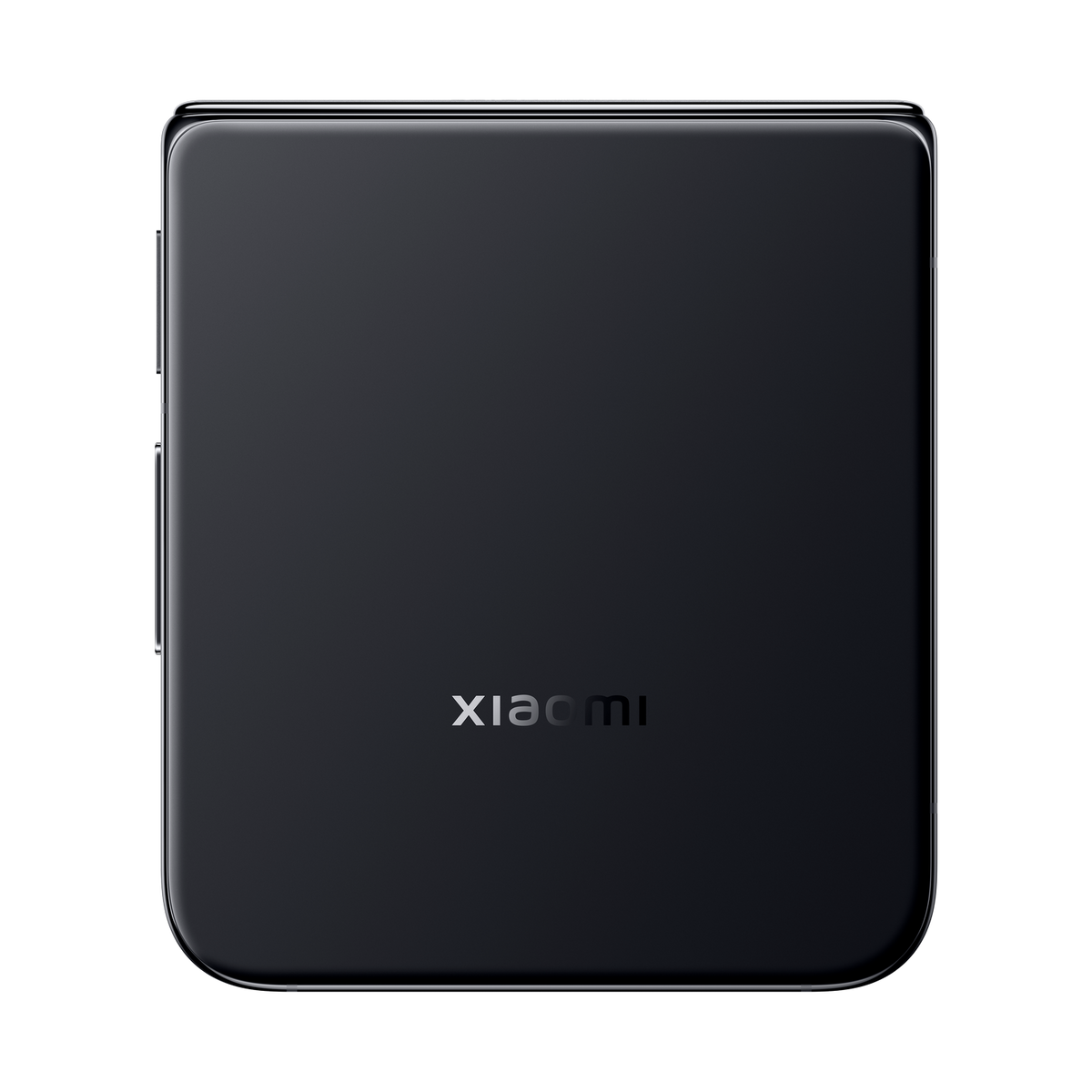 Zamknięty, czarny telefon Xiaomi, z odblaskową powierzchnią, widoczna nazwa marki.