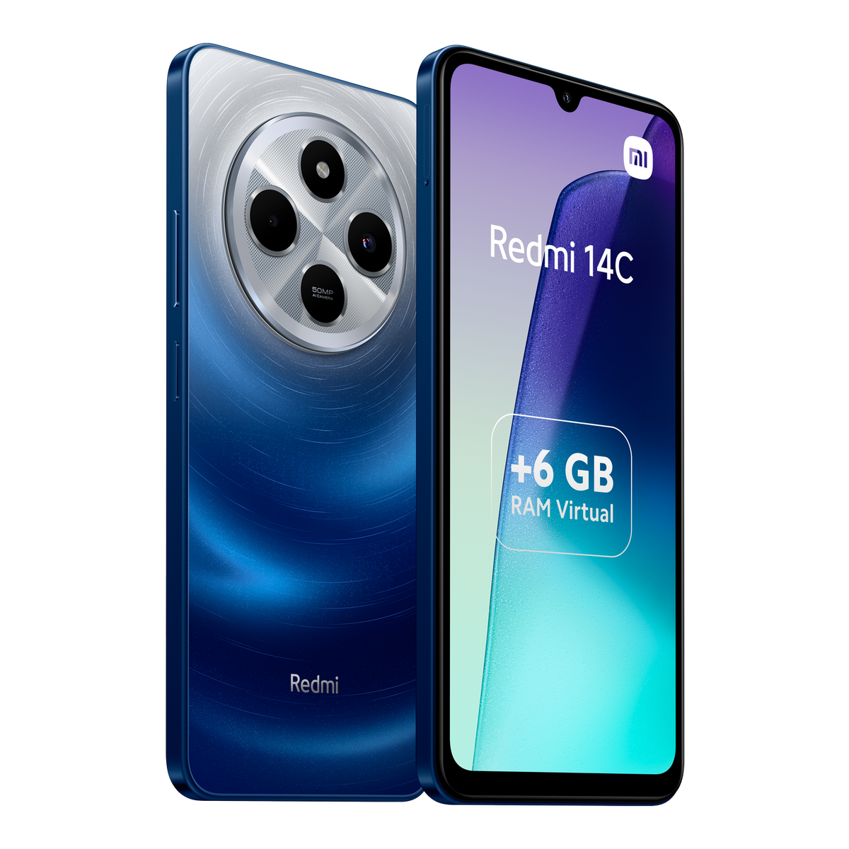 Dwa niebieskie telefony Redmi 14C, jeden pokazujący ekran z tekstem, drugi tył z obiektywami.