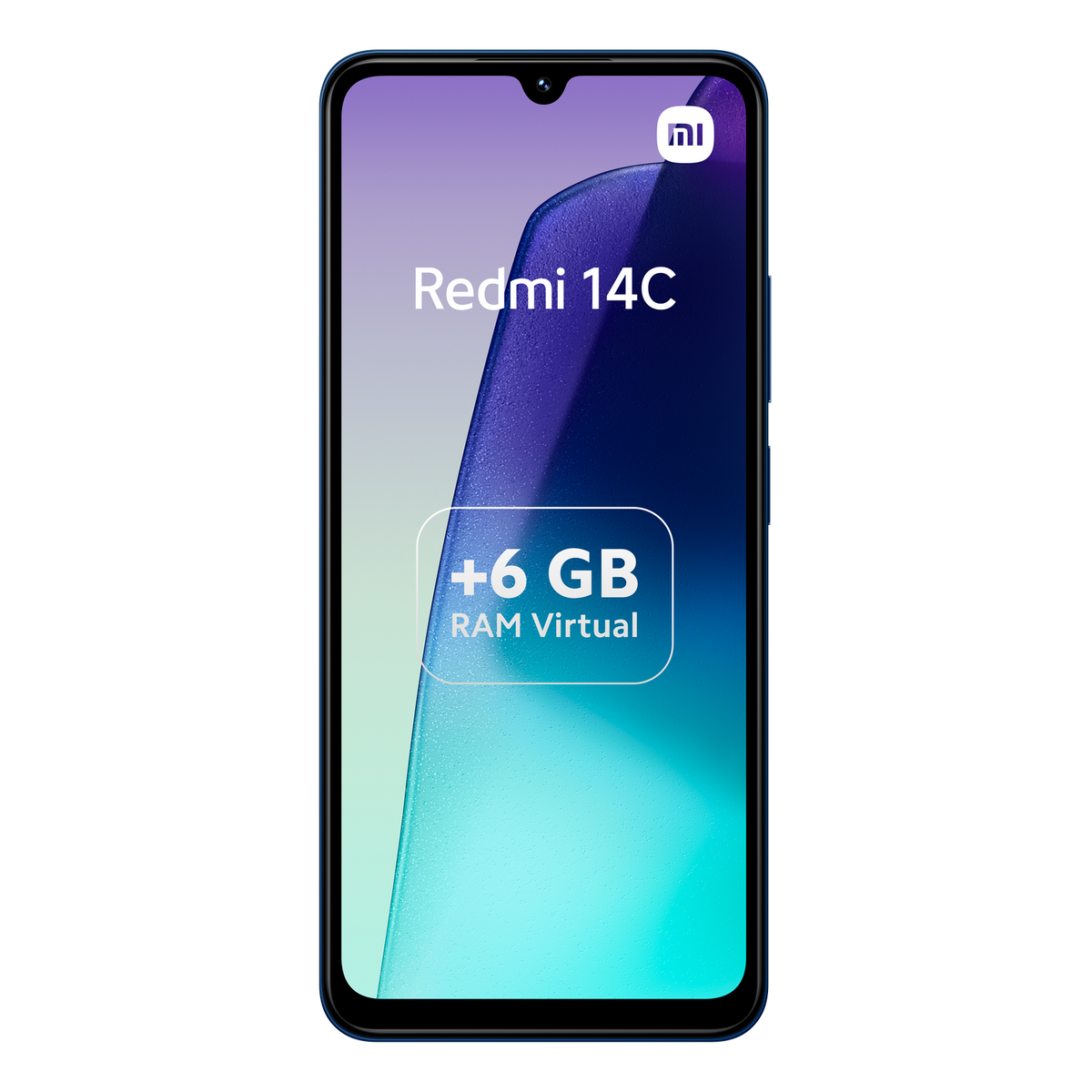 Niebieski smartfon Xiaomi Redmi 14C. Tekst: Redmi 14C, +6 GB RAM Virtual. Czarne tło.