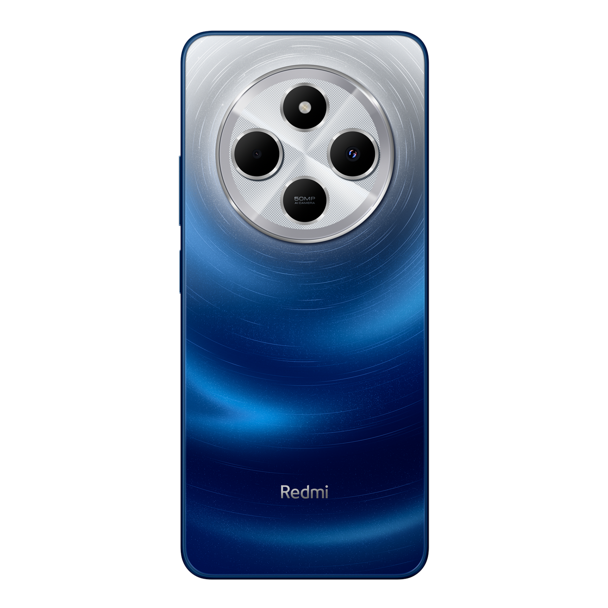 Niebieski tył telefonu ze srebrnym okręgiem kamery, logo Redmi. Widoczne cztery obiektywy aparatu.