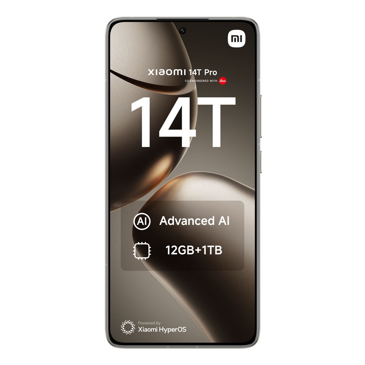 Schwarzes Xiaomi 14T Pro-Telefon mit Text und Grafiken auf dem Bildschirm, schwarzer Hintergrund.