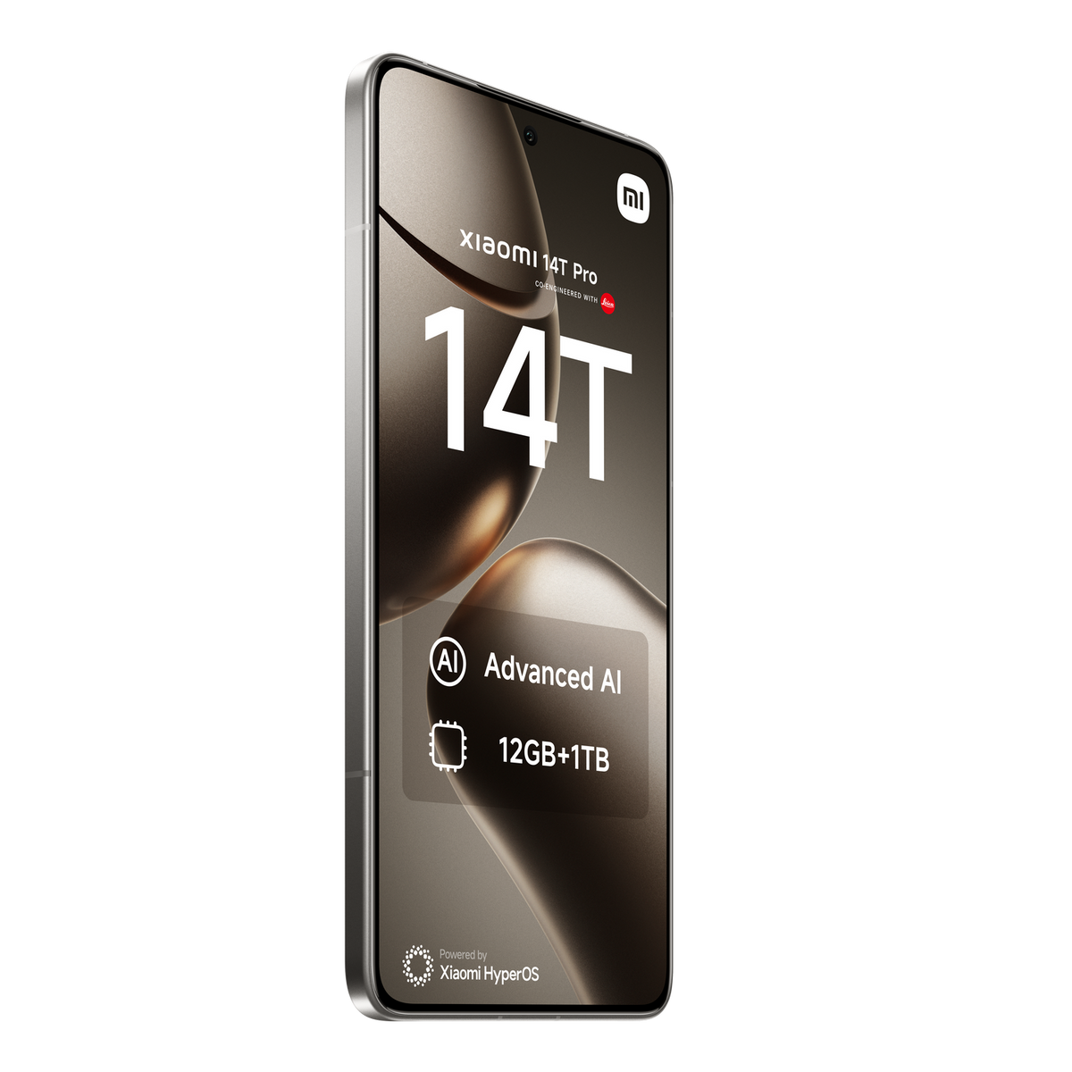 Xiaomi 14T Pro Telefon, schräge Ansicht. Großer 14T Text, Advanced AI, 12GB+1TB Spezifikationen. Schwarzer Hintergrund.