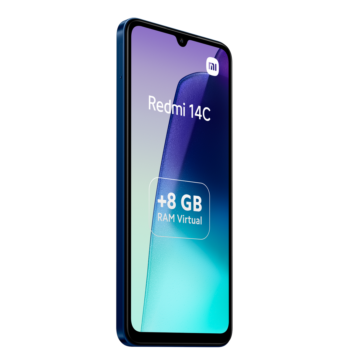Blaues Redmi 14C Smartphone mit Text auf dem Bildschirm. Schwarzer Hintergrund.