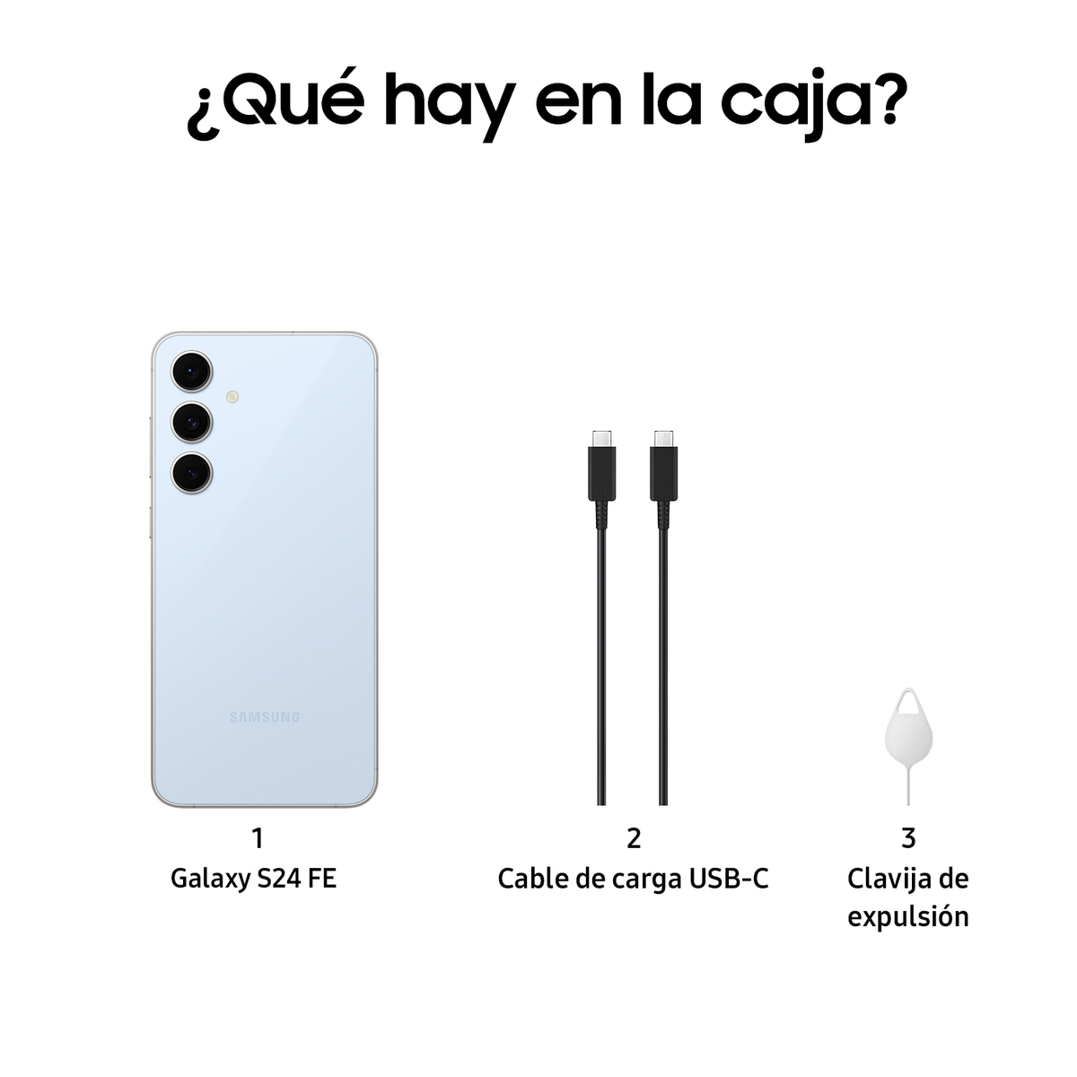 Zawartość pudełka: telefon Galaxy S24 FE, kabel USB-C i narzędzie do wysuwania karty SIM. Białe tło.