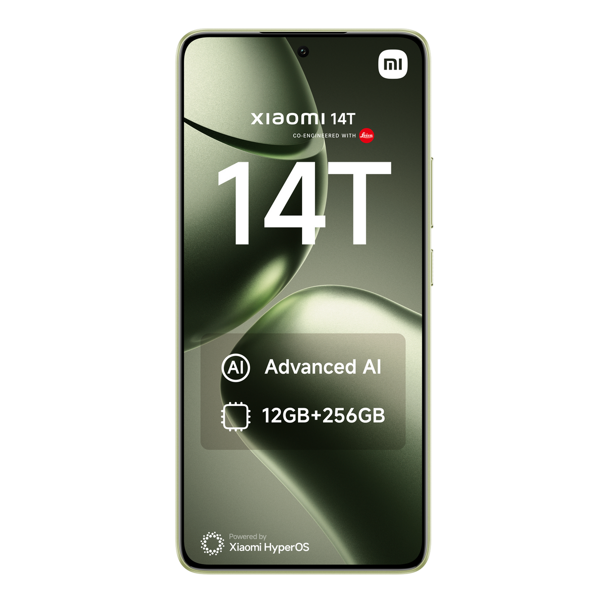 Xiaomi 14T phone, screen view. Green gradient background, AI and storage details. White background.