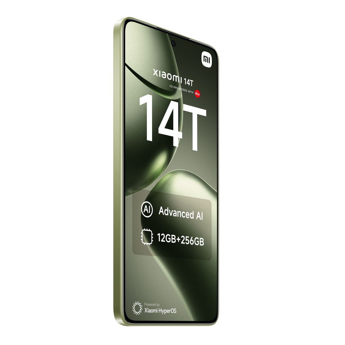Xiaomi 14T phone, green case, large screen, white text. Black background, with a green abstract design.