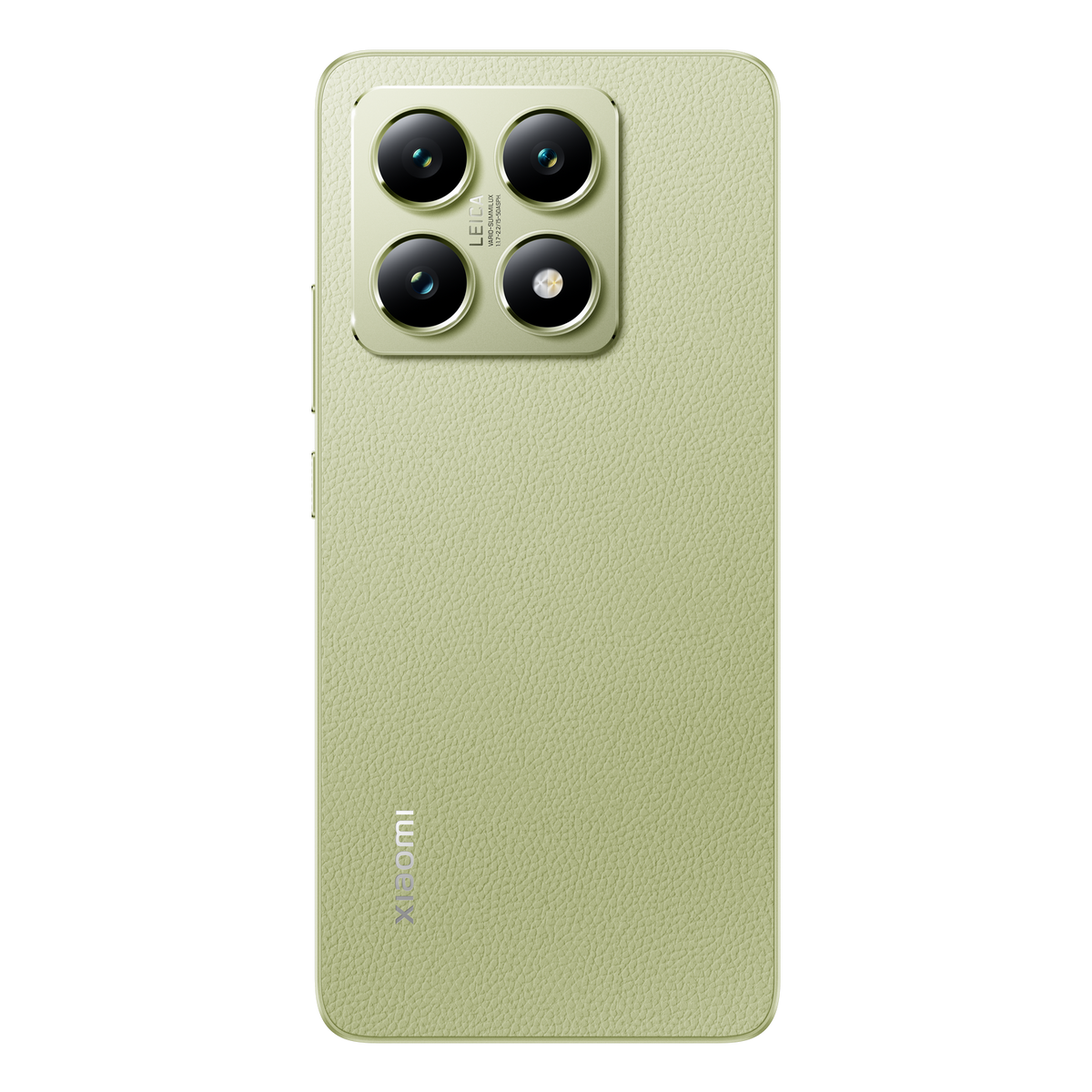 Light green phone back with four camera lenses and flash. White background.