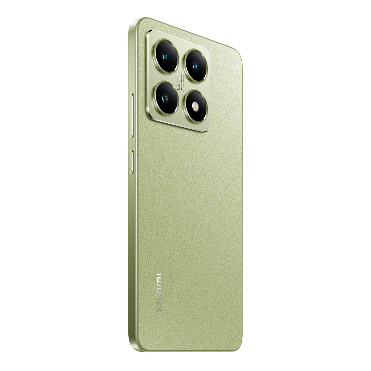 Green phone with multiple camera lenses. Xiaomi logo present. Black background.