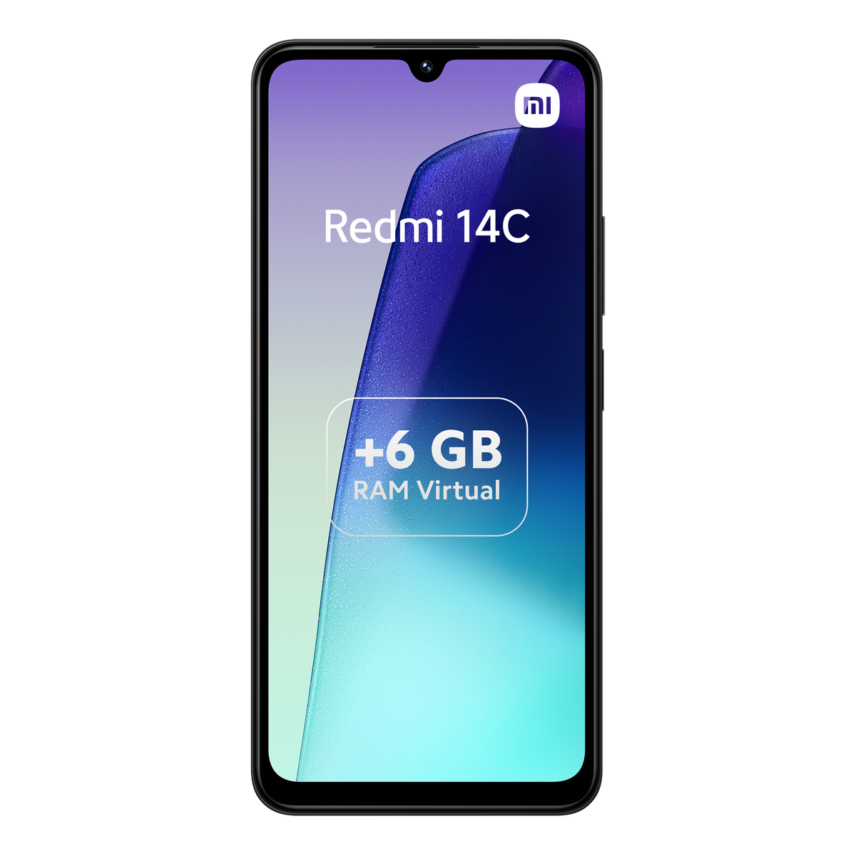 Smartphone con Redmi 14C en pantalla. Texto +6GB RAM Virtual. Fondo degradado morado y azul.