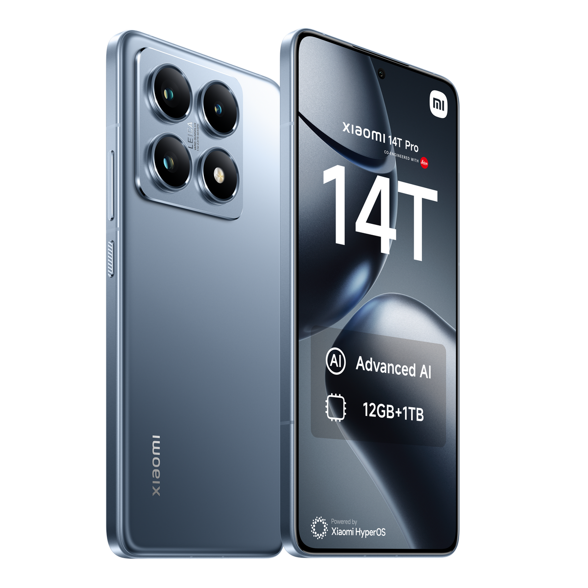 Blaues Telefon mit mehreren Kameralinsen. Text auf dem Gerät: Xiaomi 14T Pro. Schwarzer Hintergrund.