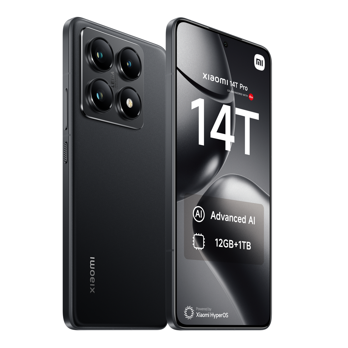 Smartphone negro con múltiples cámaras y una pantalla grande. Un gráfico en la pantalla muestra las funciones.