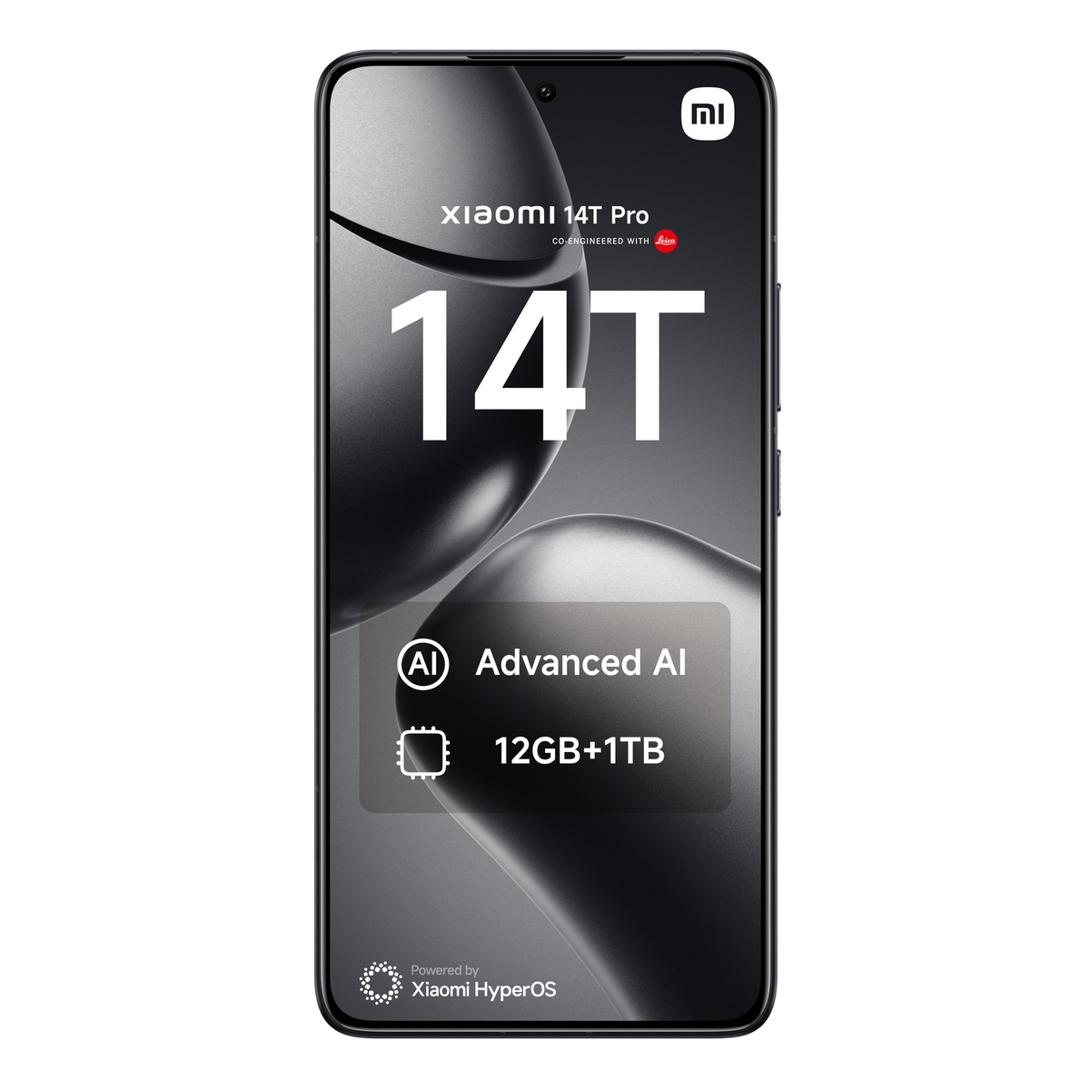 Smartphone negro con pantalla grande, mostrando la parte frontal.