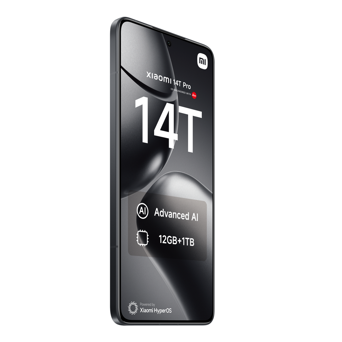 Un smartphone negro con la pantalla del Xiaomi 14T Pro, que muestra Advanced AI.
