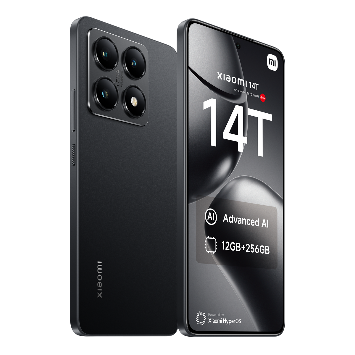 Schwarzes Smartphone mit 14T-Text, zwei Kameras und erweiterter KI.
