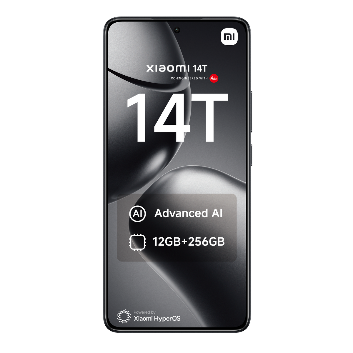 Smartfon Xiaomi 14T. Czarna obudowa, biały tekst: 14T, Advanced AI, 12GB+256GB. Czarny.