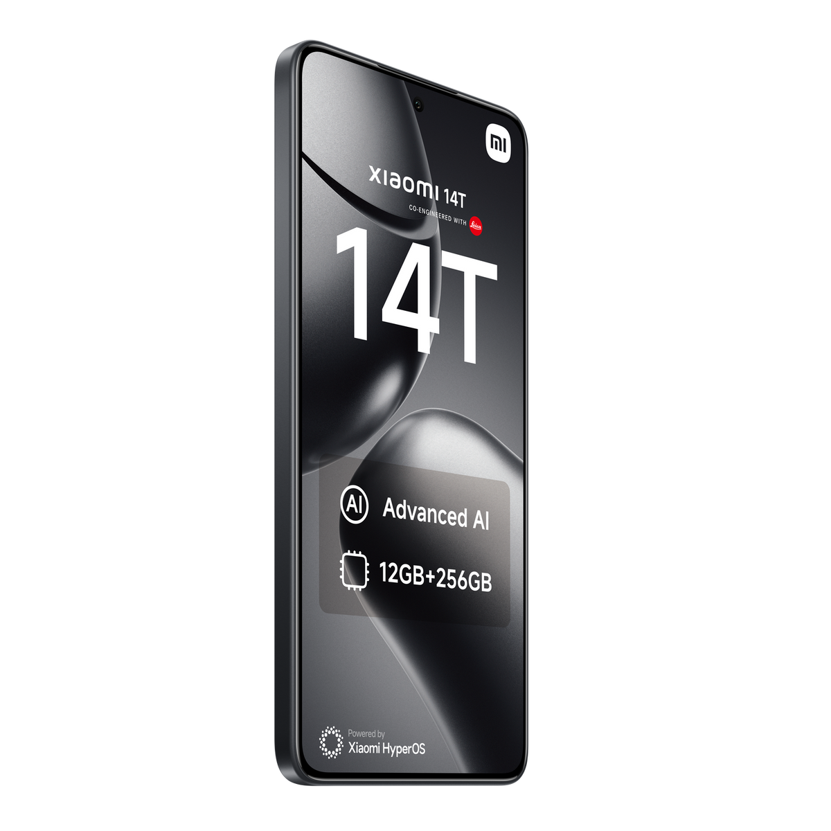 Czarny telefon Xiaomi 14T, ekran z detalami, czarne tło.