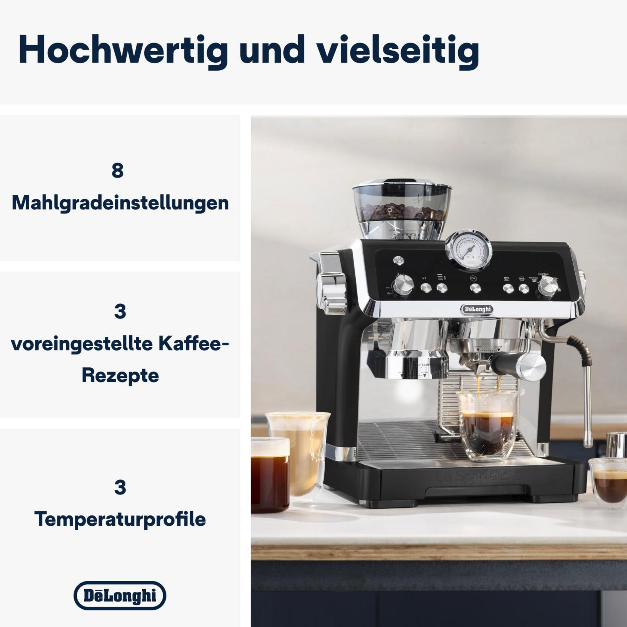 Máquina de espresso con texto y características. Tiene un vaso de café y características enumeradas.