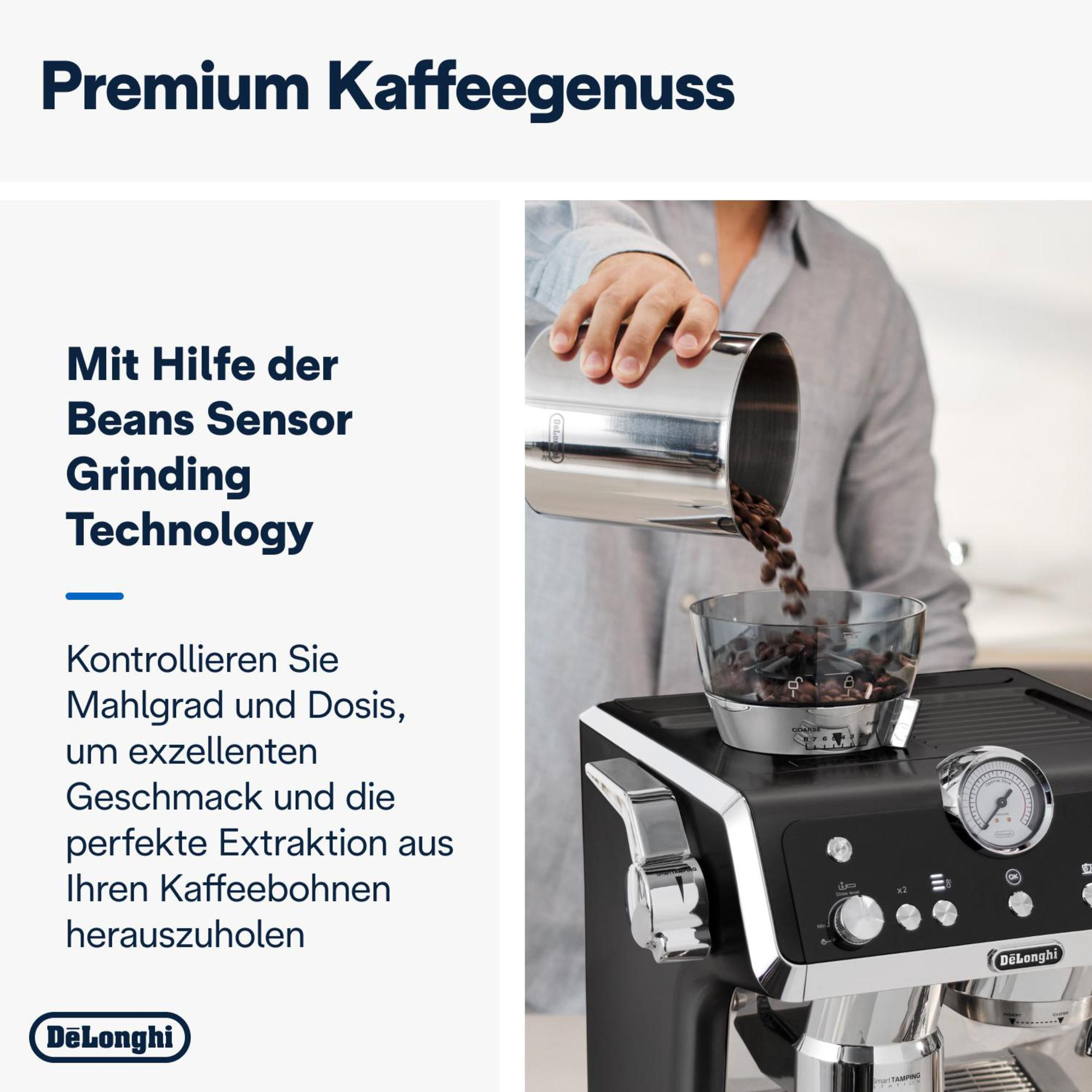 Hombre vertiendo granos de café en una máquina de espresso. Texto sobre tecnología de sensor de granos.