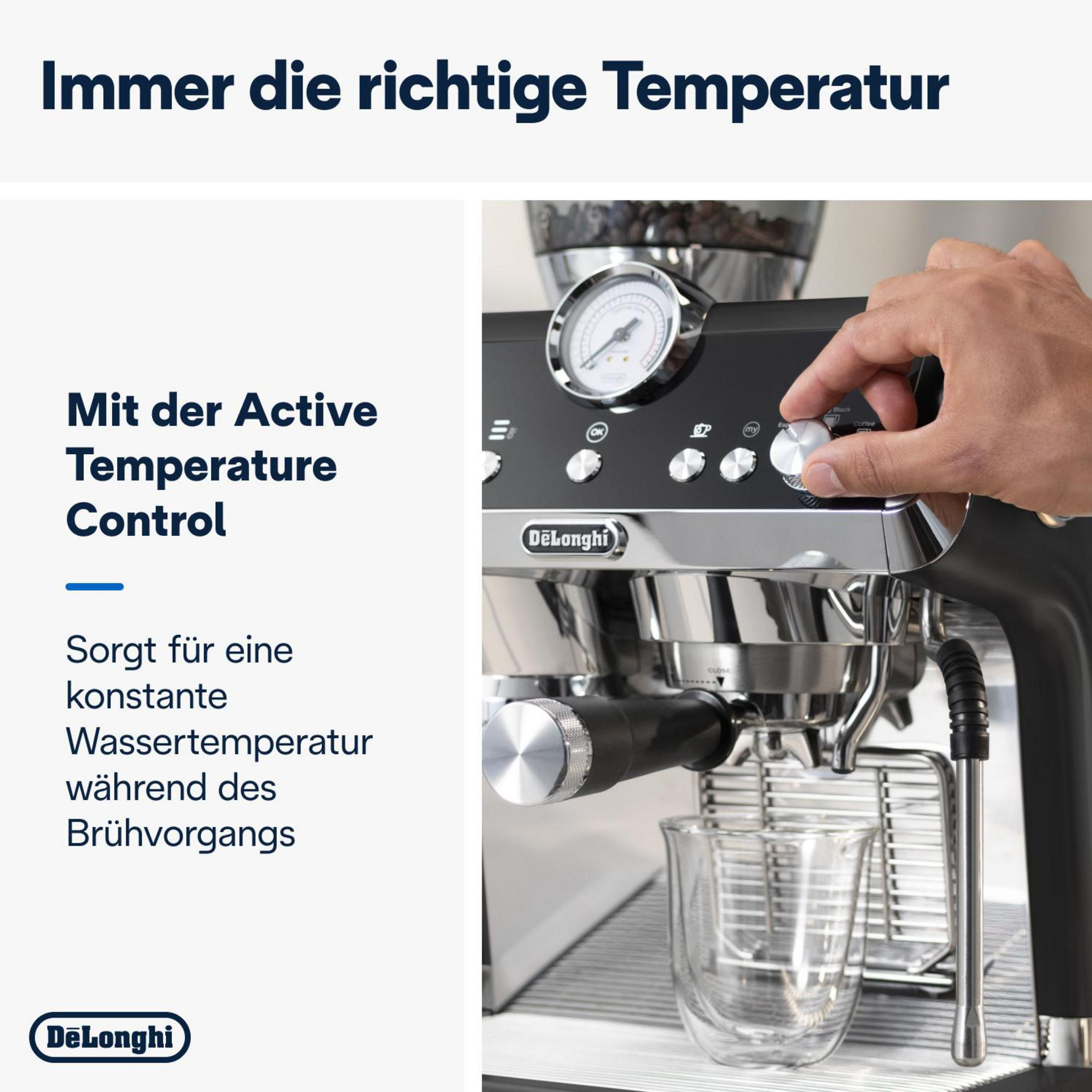 Una cafetera con texto sobre control de temperatura y una mano ajustando un dial.