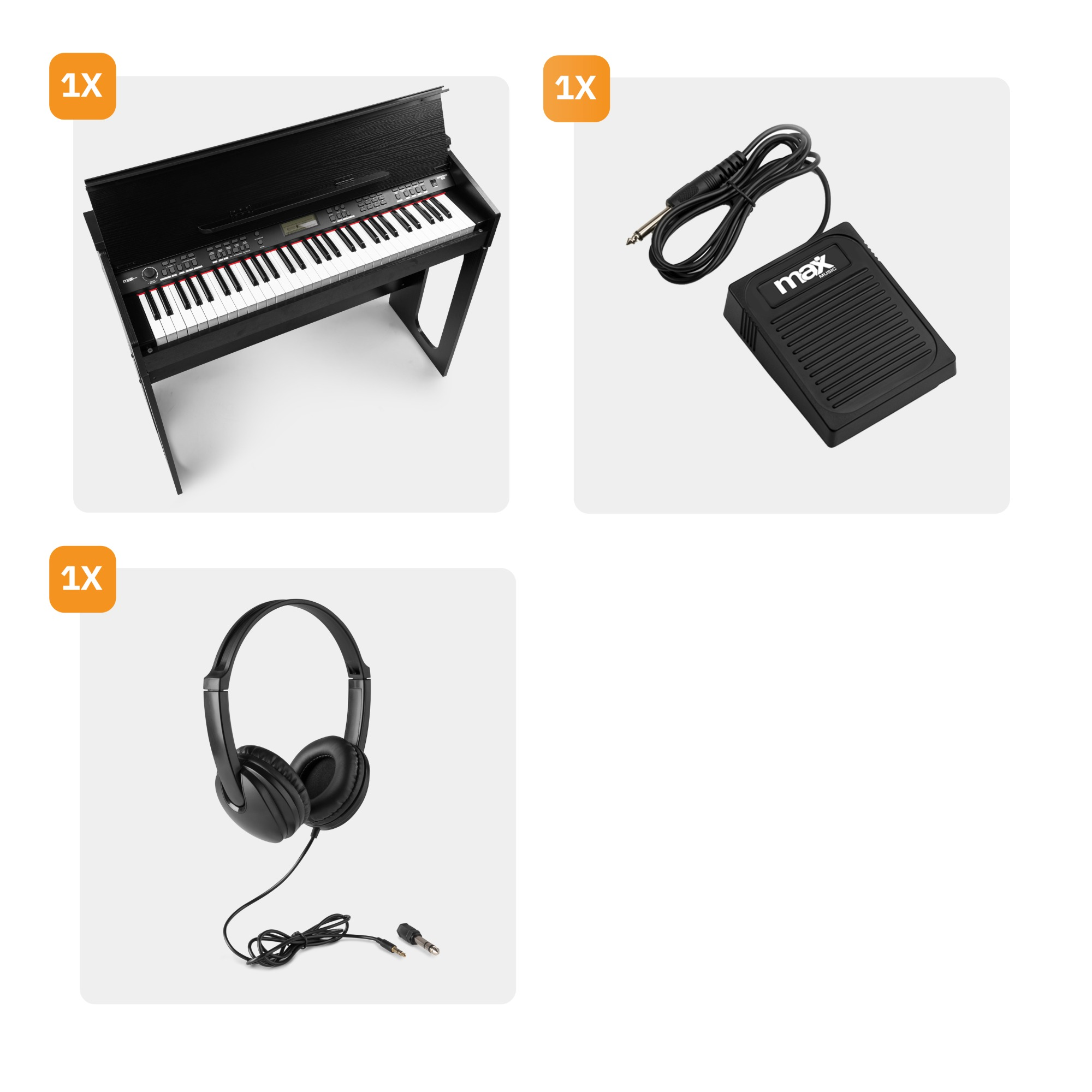 Drei Artikel: ein schwarzes Digitalpiano, Kopfhörer und ein Fußpedal, alles auf weißem Grund.