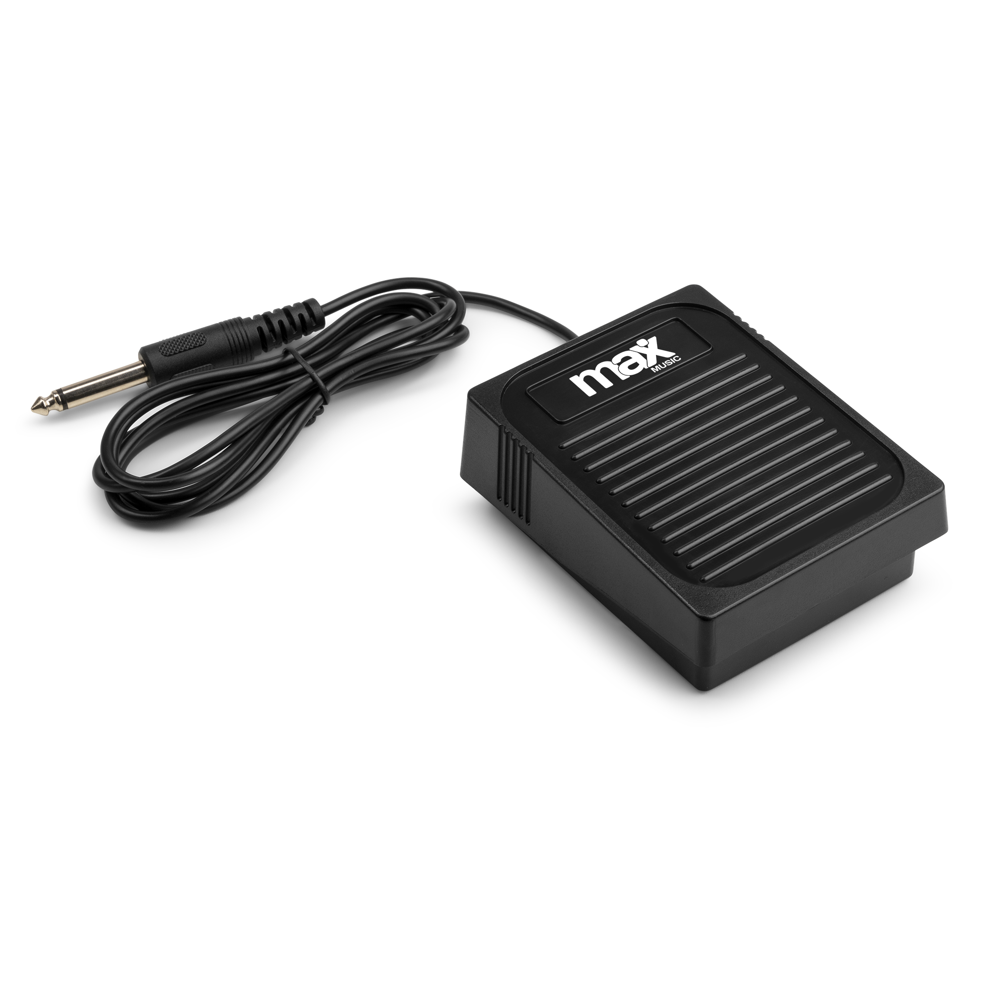 Schwarzes Max Keyboard Sustain Pedal mit Kabel und Klinke. Das Pedal ist rechteckig mit geriffelter Oberfläche.