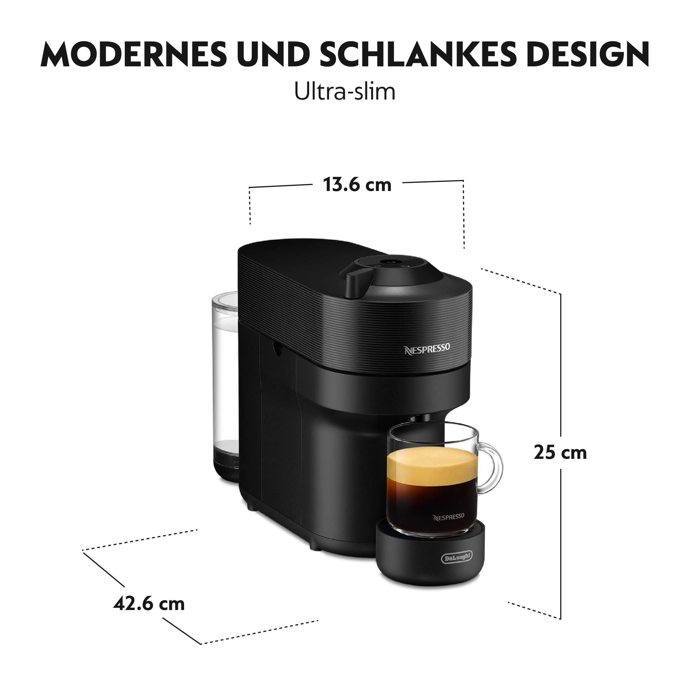 Schwarze Nespresso-Maschine mit Kaffeetasse. Maßangaben. Weißer Hintergrund.