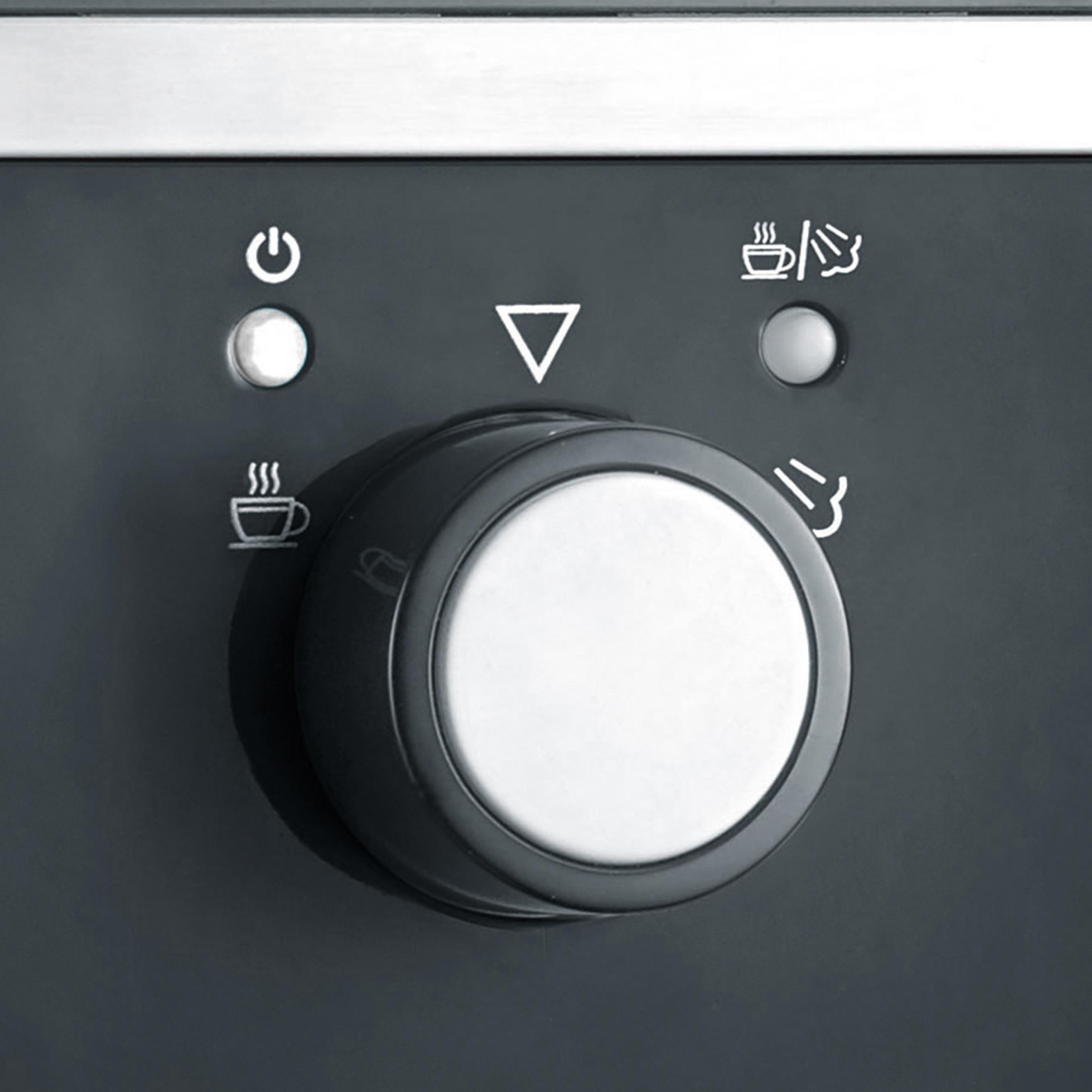 Panel sterowania z pokrętłem i światłami. Widoczne ikony zasilania, kawy i pary.