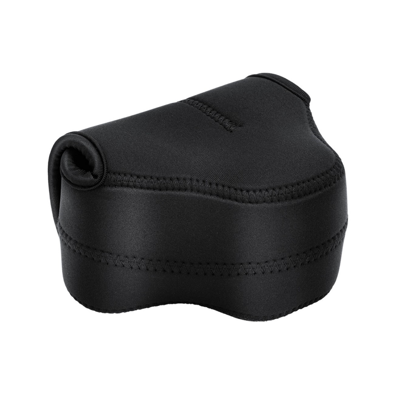 Schwarze Kameratasche. Die Tasche ist geschlossen und hat eine glatte, leicht reflektierende Oberfläche.