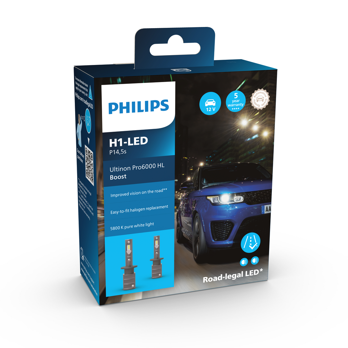 Box mit Philips H1-LED-Autolichtern, mit Auto im Hintergrund.