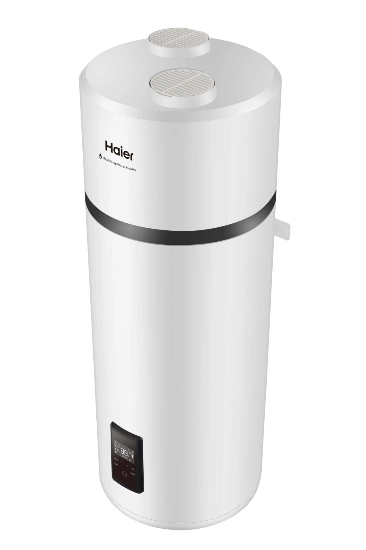 Calentador de agua blanco. Forma cilíndrica con dos ventilas arriba. Pantalla digital abajo.