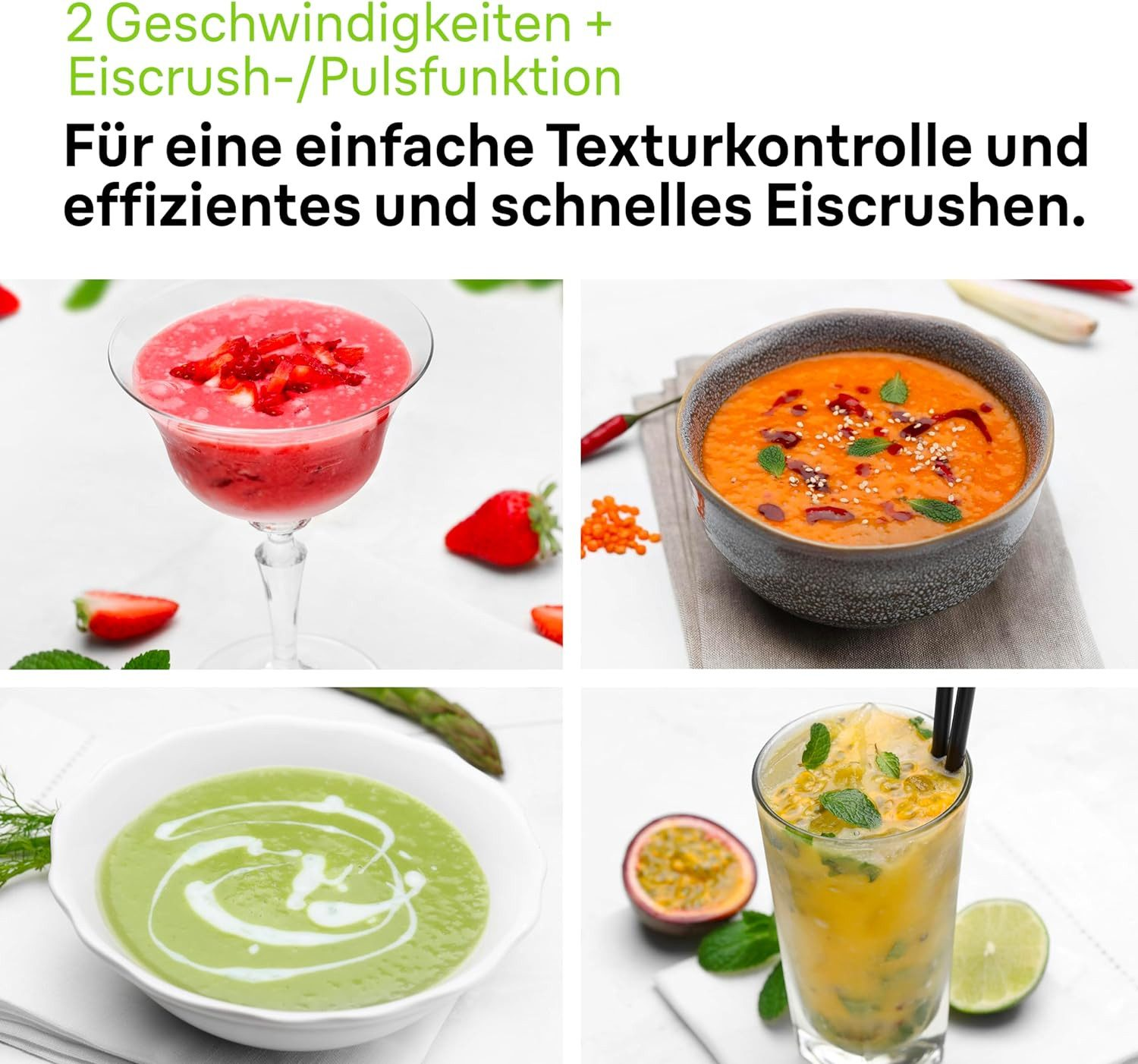 Cztery obrazy potraw, w tym napój truskawkowy, zupa pomarańczowa, zupa zielona i żółty napój.