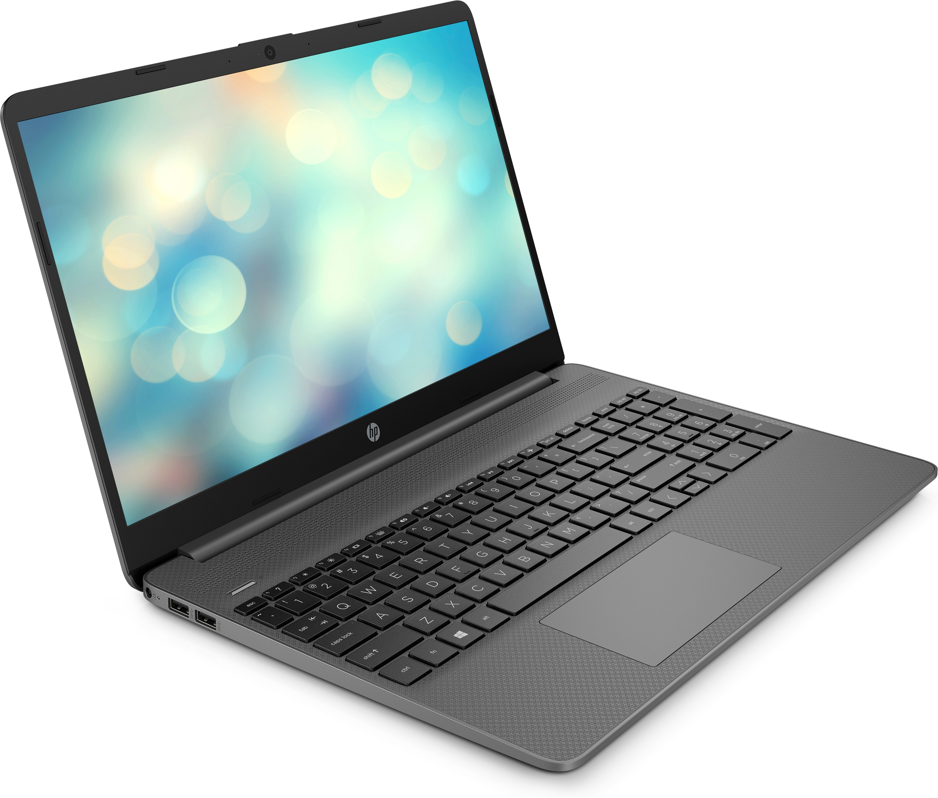 Gri bir laptop açık. Ekran bulanık, renkli bir arka plan gösteriyor. Beyaz zemin.