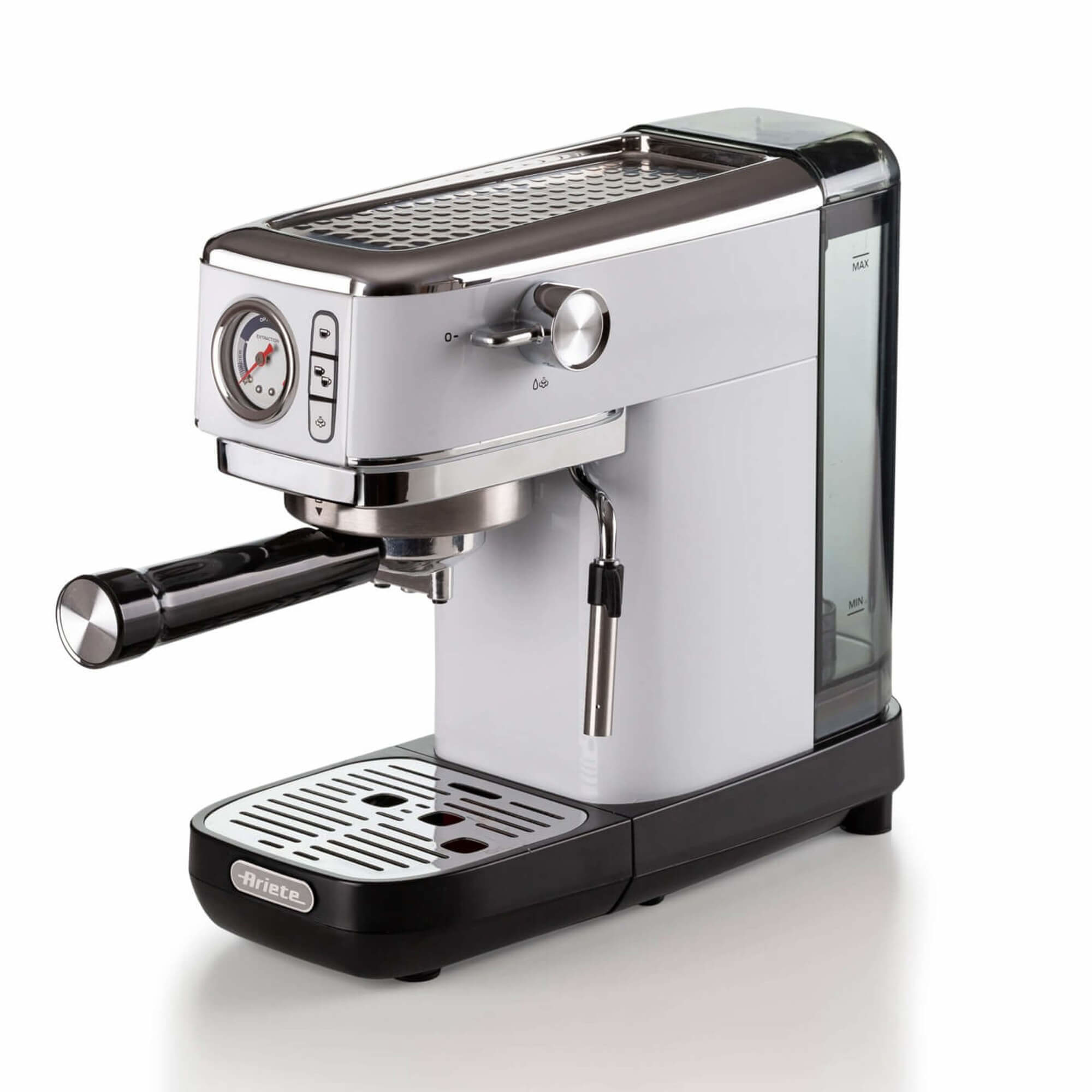 Macchina per espresso bianca e nera su superficie bianca. Sono presenti più quadranti e indicatori.