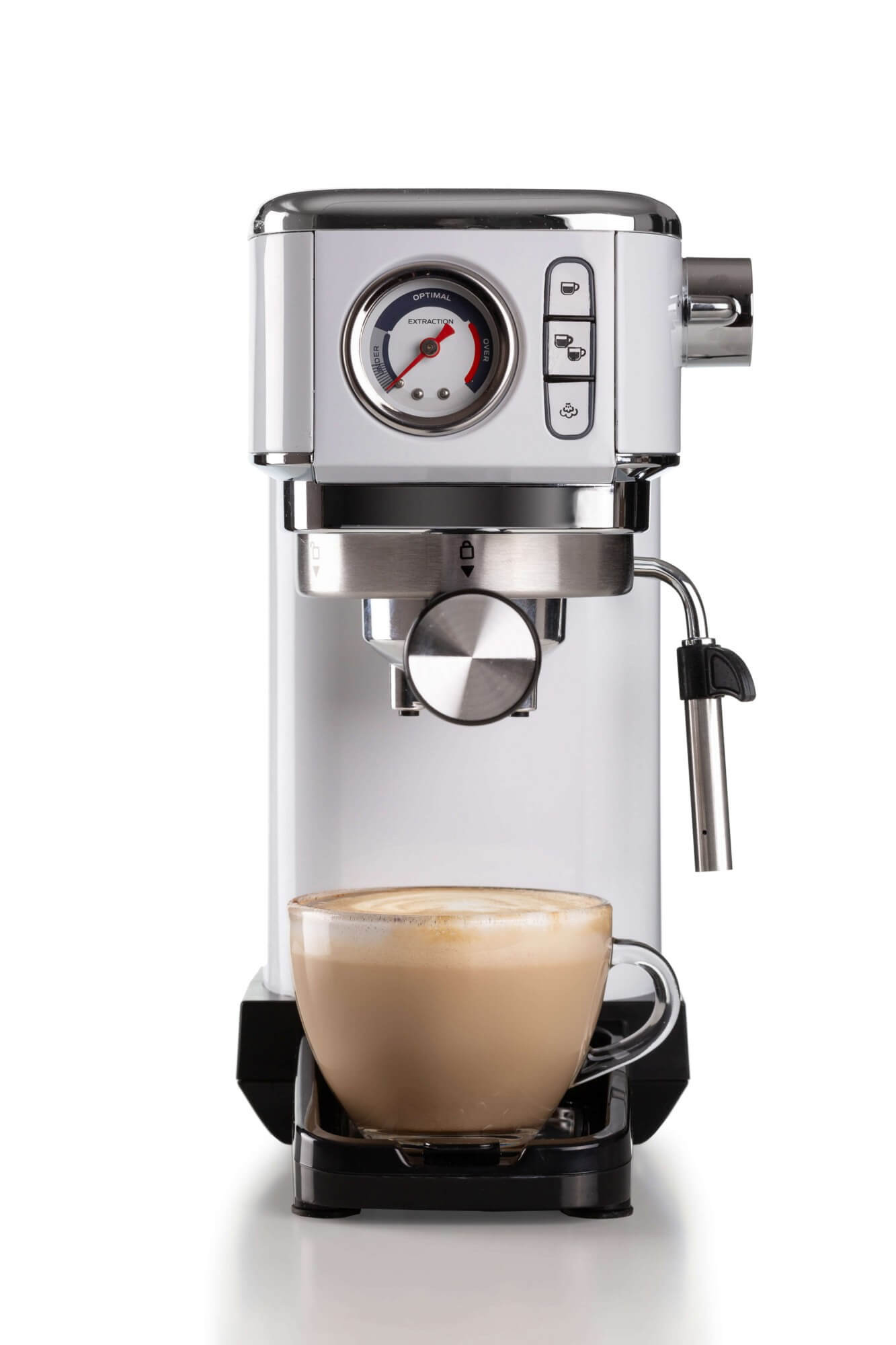 Macchina per espresso bianca con un bicchiere di caffè.