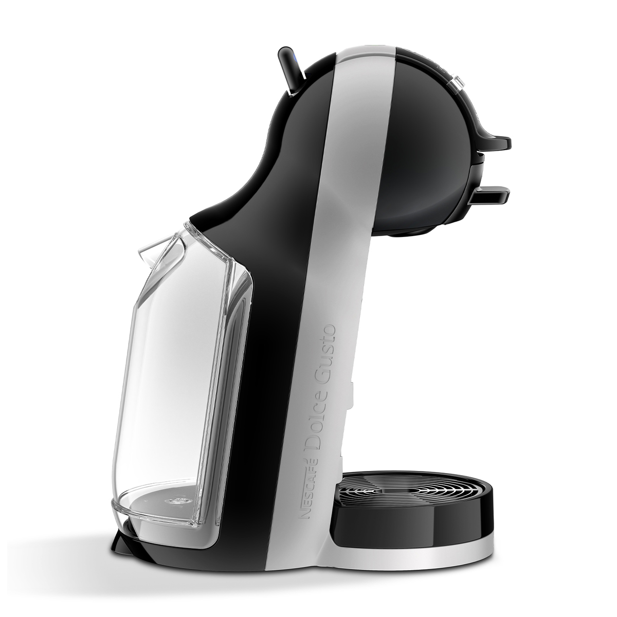 Macchina da caffè Dolce Gusto bianca e nera con serbatoio dell'acqua trasparente laterale.