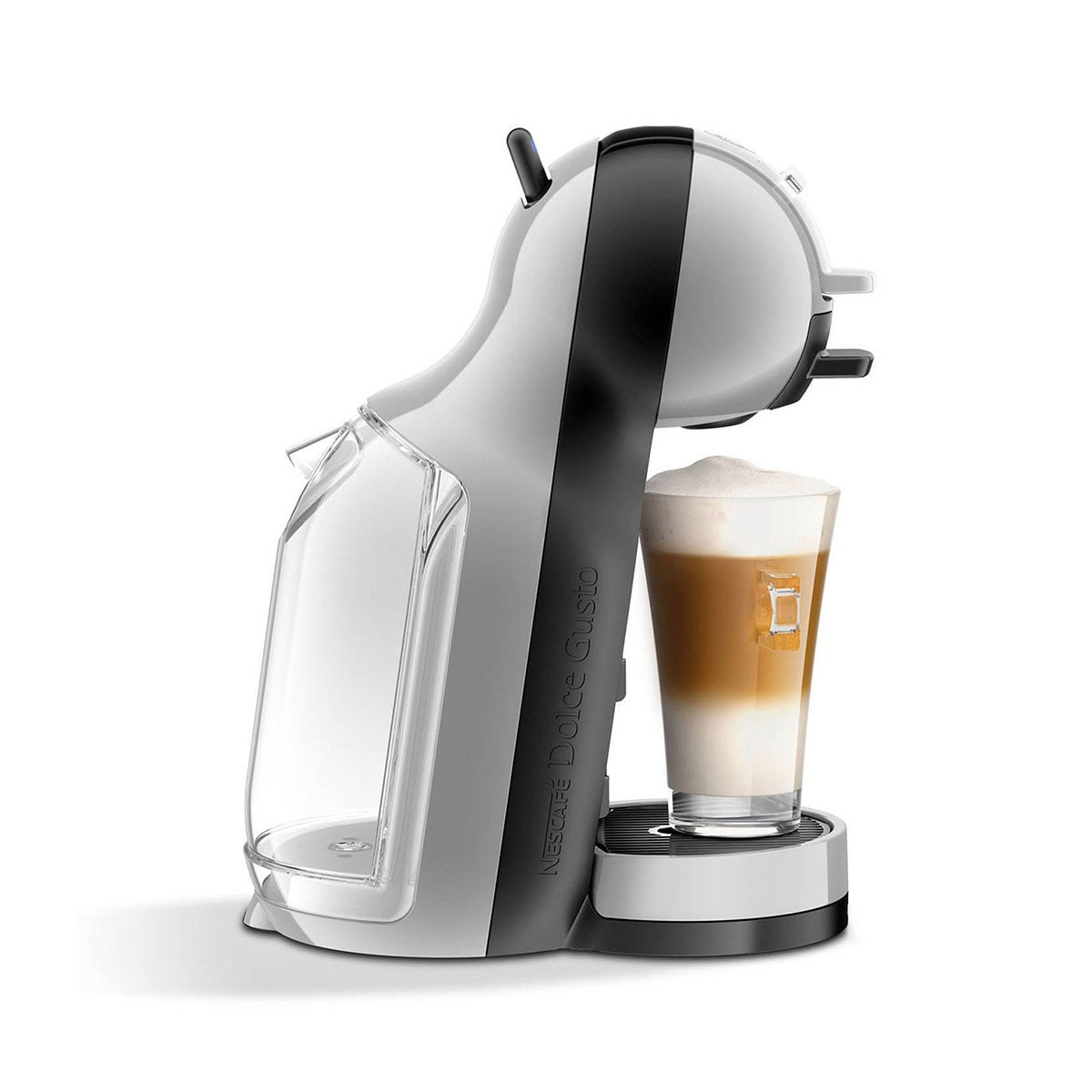 Macchina da caffè Nescafe Dolce Gusto bianca e grigia, con un bicchiere di latte stratificato.
